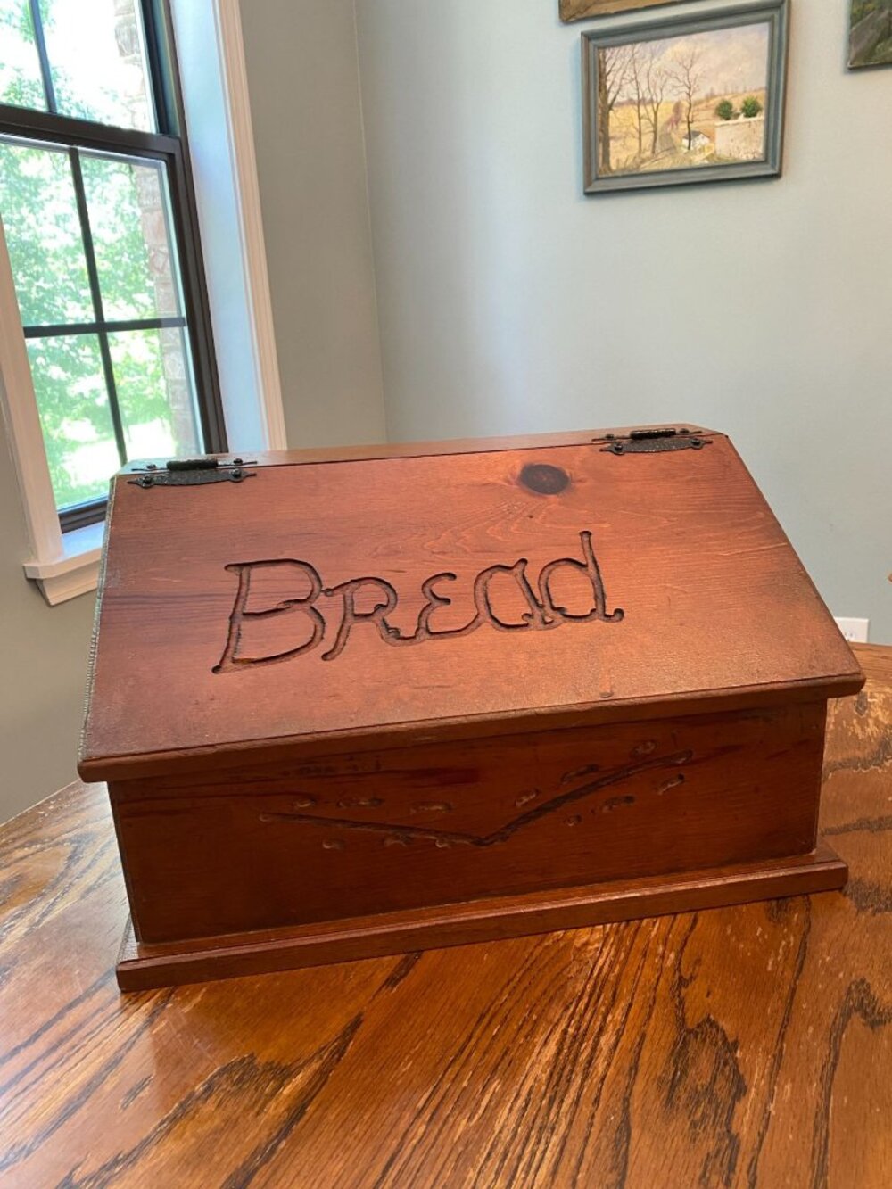 Vintage Wooden Bread Box With Hinged Lid & "Bread" Carving - Rustic Farmhouse Ki